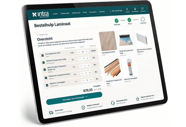 De online bestelhulp van intra op een tablet, met het overzicht van een samengestelde laminaatbestelling